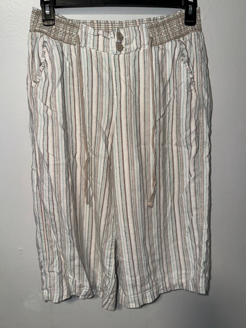 dELiA*s Cream Striped Shorts Smocked Waist Drawstring Button Fly